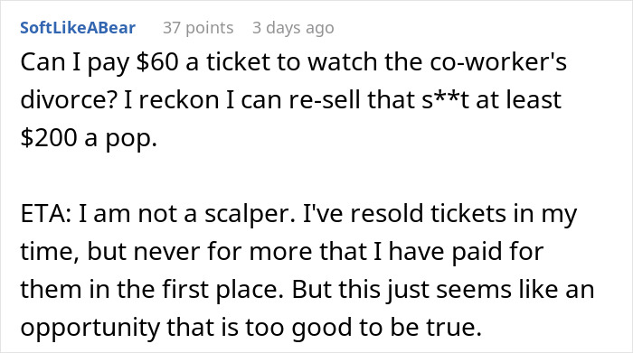 Reddit comment discussing coworkers who felt scammed after attending superior&rsquo;s wife&rsquo;s show that wasn&rsquo;t actually free.