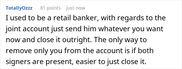 Screenshot of a Reddit comment explaining joint account closure from a retail banker&rsquo;s perspective about removing signers.