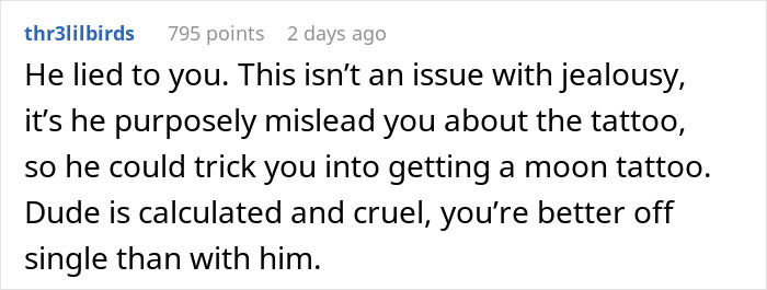 Text post discussing a woman-couple tattoo situation with a boyfriend and ex, focusing on dishonesty and relationships.