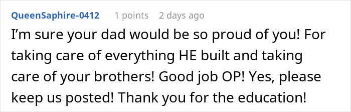 Comment from QueenSaphire-0412 praising a grieving daughter&rsquo;s determination to hold step-monster financially accountable.