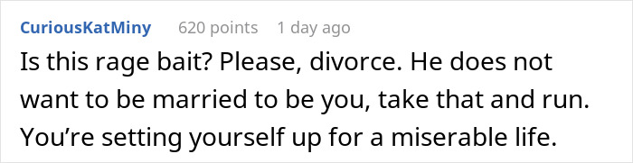 Comment from CuriousKatMiny advising divorce and rethinking marriage after disturbing confession, highlighting relationship and emotional distress.