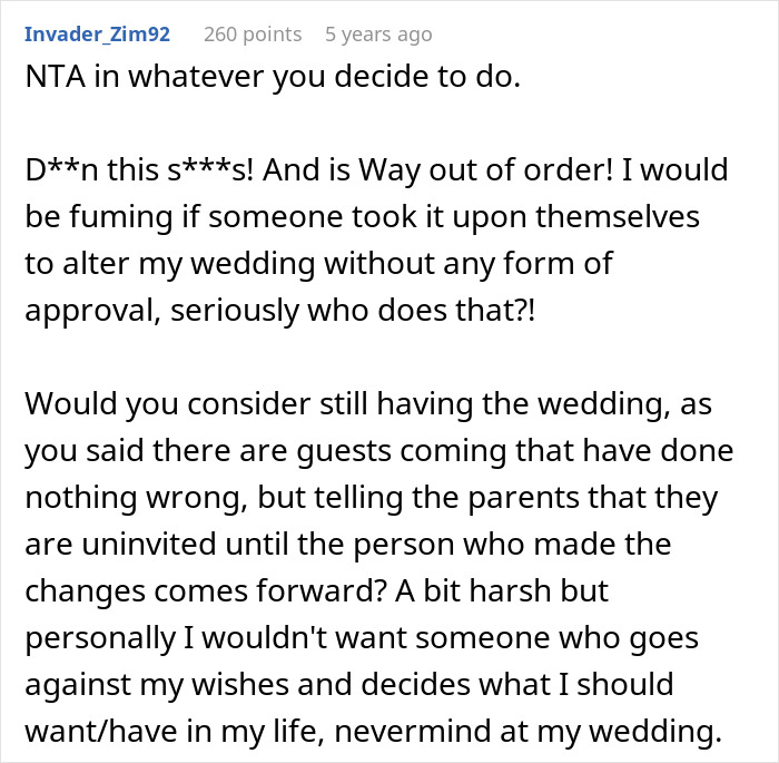 Couple reacts to their wedding sabotaged by parents days before the ceremony, facing emotional and planning challenges.