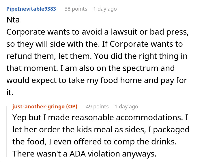 Reddit discussion about an autistic woman having a panic attack at a restaurant over food and accommodations.