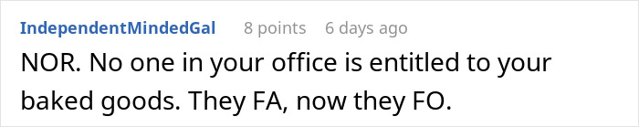 Screenshot of an online comment about a woman accused of awkwardness for stopping baking for colleagues over a nickname dispute.