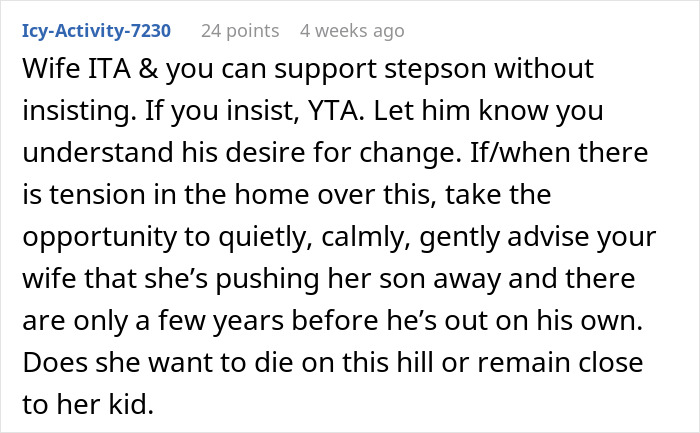 Screenshot of a forum comment discussing a man prepared to fight for stepson&rsquo;s diet change against mom&rsquo;s opposition.