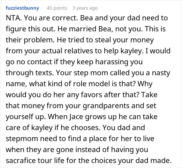 Reddit comment discussing a 19-year-old refusing caregiver role for disabled stepsister and family conflict over it.