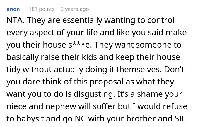 Reddit comment criticizing brother&rsquo;s live-in nanny job offer with ridiculous demands causing family conflict.