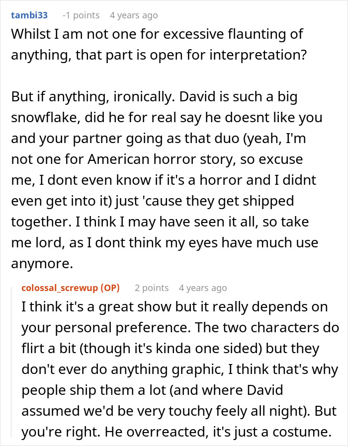 Reddit discussion about masculinity fragile reaction to girlfriend&rsquo;s friends&rsquo; Halloween costume causing relationship issues.