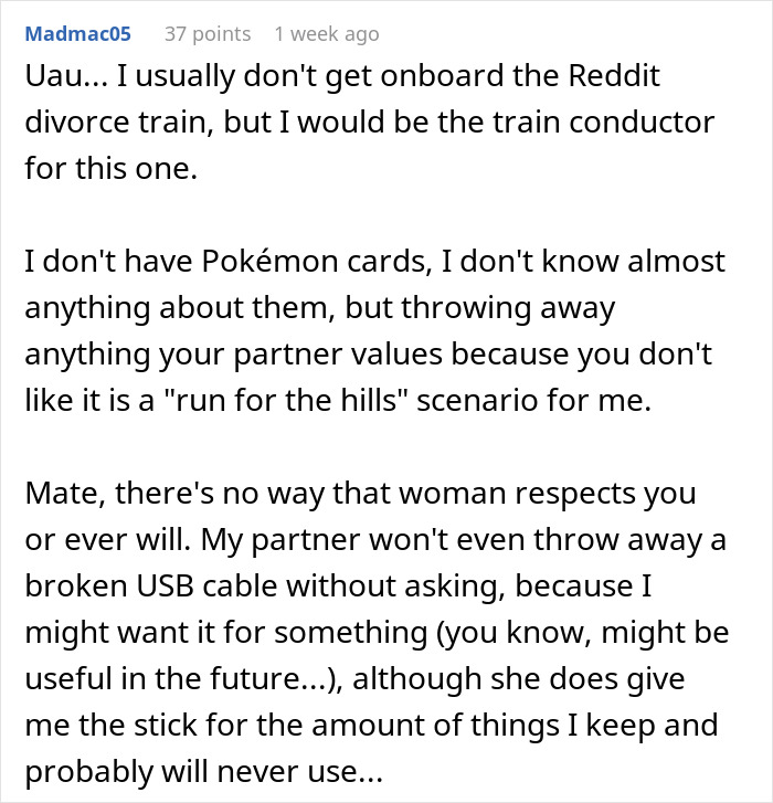 Reddit comment discussing the controversy over wife throwing away husband's Pok&eacute;mon card collection causing marriage issues.
