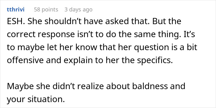 Comment discussing coworker asking about makeup and mentioning baldness in a workplace conversation about makeup questions.