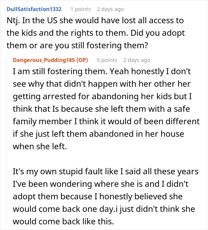 Reddit conversation about mom abandoning 2 kids with 23-year-old sister and fostering them years later.