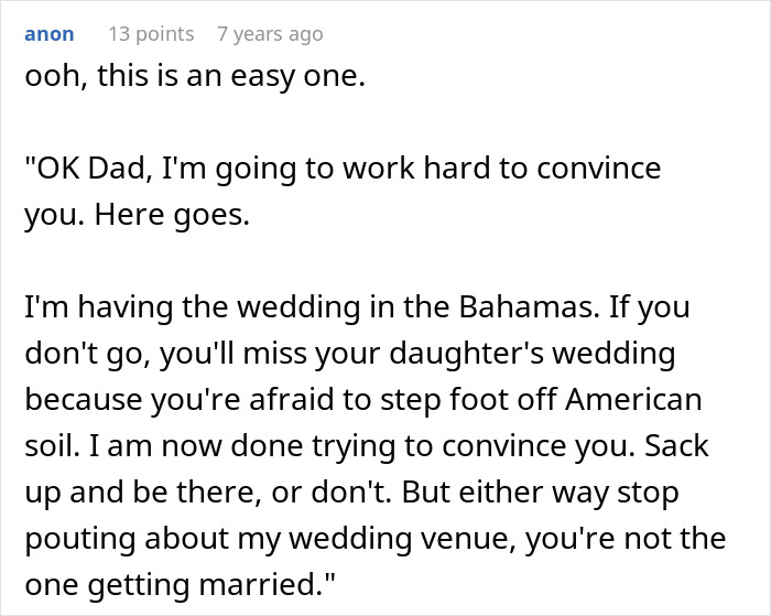 Text message conversation where bride insists on a Bahamas wedding despite father refusing to attend not on American soil.