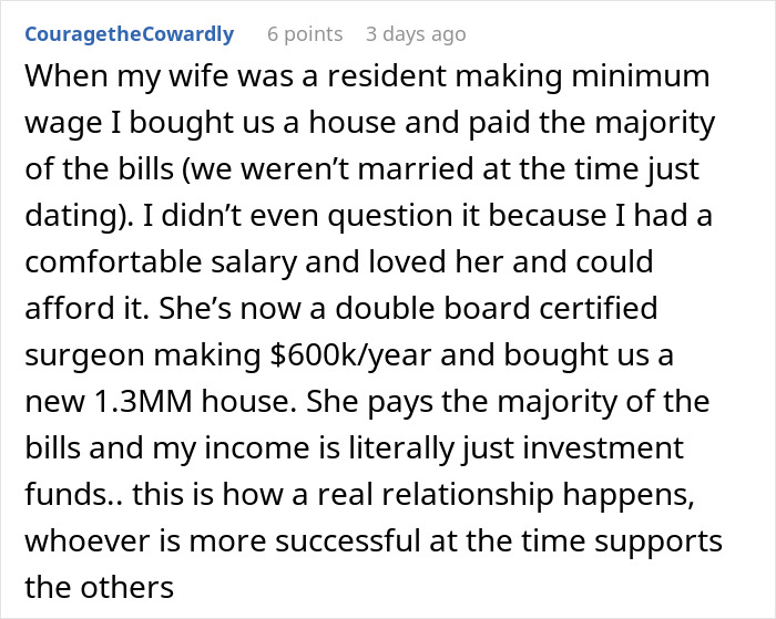 Comment about rich boyfriend demands equal split rent while girlfriend refuses, discussing income and relationship roles.