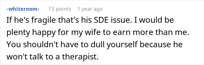 Screenshot of an online comment discussing how to keep husband from feeling emasculated when wife makes more money than him.