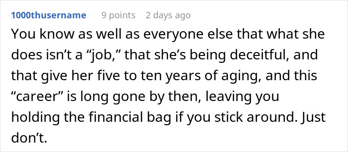 Screenshot of a comment discussing a gym influencer being deceitful about her career and its impact on her boyfriend.
