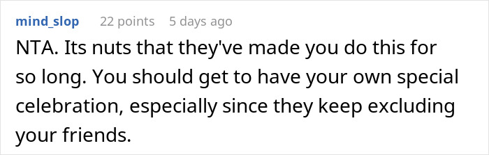 Screenshot of a Reddit comment discussing drama after a 17-year-old vents about sharing a birthday with grandma.