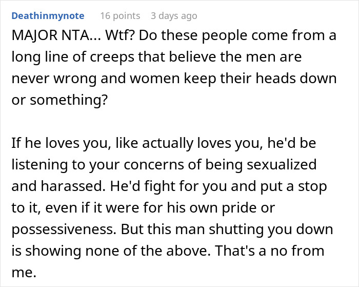 Reddit comment discussing relationship issues after family sides with creepy brother-in-law, wife removes wedding ring.