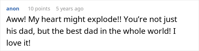 Screenshot of an online comment praising a guy for being the best dad despite his son having no idea about his real parents.