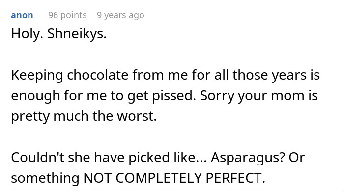 Screenshot of an online comment about parents lying regarding food allergies to their daughter causing no contact.