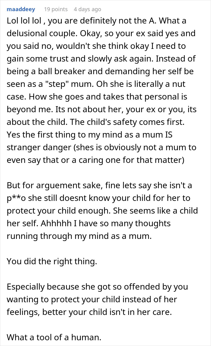 Comment discussing a woman tired of being treated as stranger danger by future stepkid, emphasizing child&rsquo;s safety concerns.