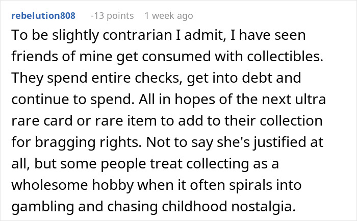 Comment discussing the controversy over a wife discarding her husband's Pok&eacute;mon card collection and related collectible spending.