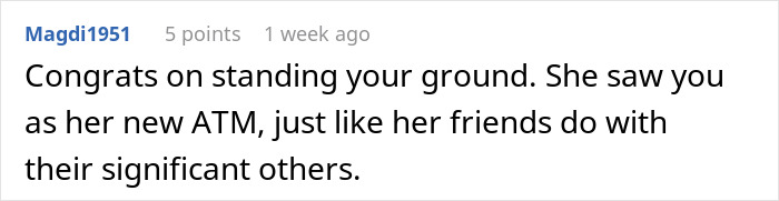 Comment about woman demanding combined income saying boyfriend is selfish with money, posted by Magdi1951. Comment about woman demanding combined income saying boyfriend is selfish with money, posted by Magdi1951.