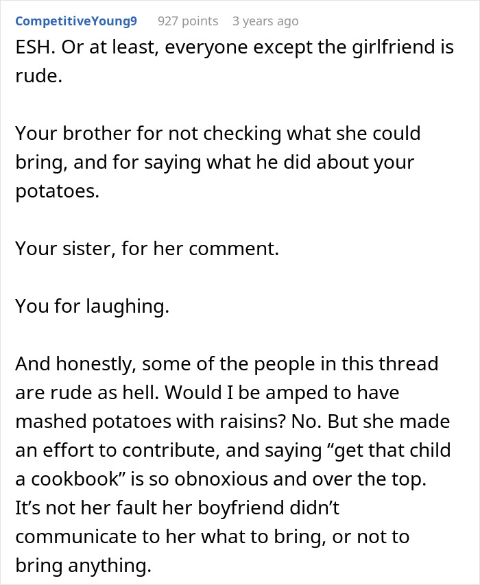 Screenshot of an online discussion about a man mocking his sister&rsquo;s food and the girlfriend crying over raisin potatoes.