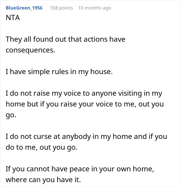 Text from a forum post explaining rules about raising voices and cursing at home, related to handling conservative uncle at Thanksgiving.