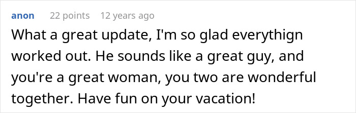 Screenshot of an online comment praising a couple, highlighting words wife hears husband admit ugly woman relationship discussion.