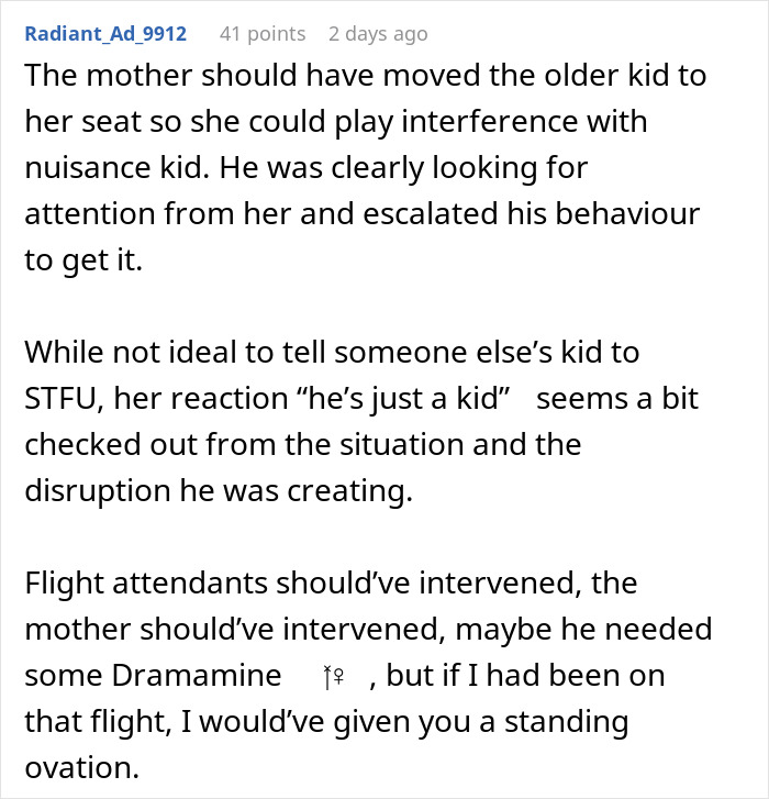 Reddit comment discussing disruptive kid on a plane and mom&rsquo;s reaction while suggesting intervention options.