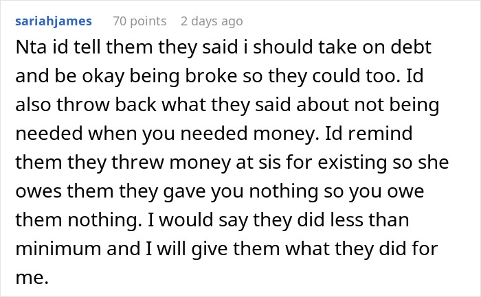 Screenshot of a Reddit comment discussing parents spoiling daughter and neglecting son leading to financial trouble.