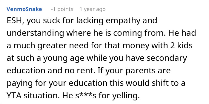 Screenshot of a Reddit comment discussing empathy and financial struggles in a family dispute about the golden child dynamic.
