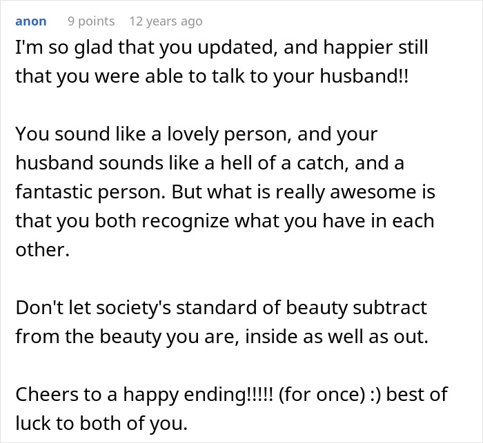 Comment expressing support after wife hears husband admit she&rsquo;s ugly, discussing beauty and relationship strength.