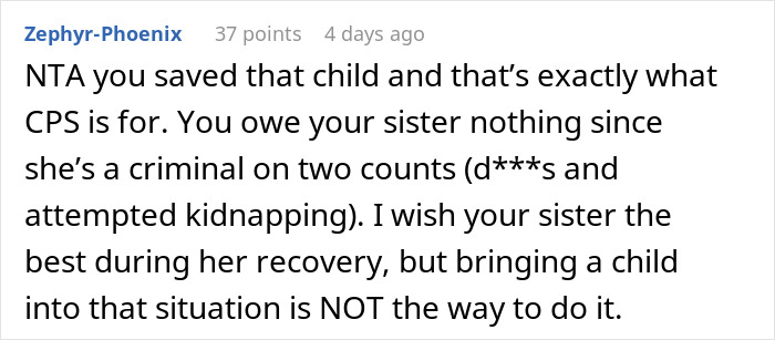 Screenshot of an online comment discussing reporting sister to CPS over plan to illegally adopt a baby. Screenshot of an online comment discussing reporting sister to CPS over plan to illegally adopt a baby.