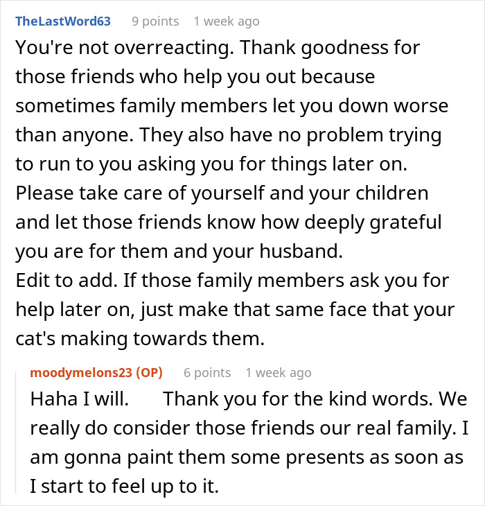 Reddit discussion showing supportive comments for a woman struggling with no support after surgery while caring for two kids.