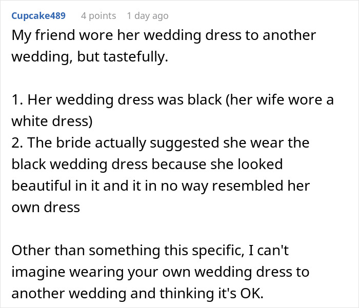 Guest wearing own wedding dress in a tasteful black gown suggested by the bride to avoid resembling the original white dress.