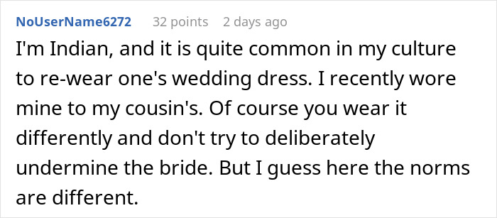 Comment discussing cultural norms about a guest wearing own wedding dress and respecting the bride&rsquo;s occasion.
