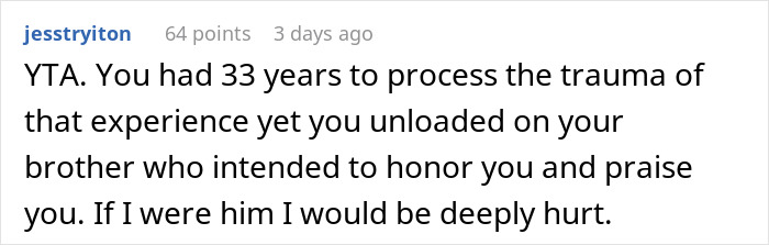 Comment expressing how a woman&rsquo;s reaction makes her brother feel like she hates him after he thanks her for delivering him.
