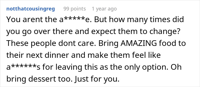 Comment highlighting a mom refusing family dinners after being ignored by in-laws, sharing advice on how to respond. Comment highlighting a mom refusing family dinners after being ignored by in-laws, sharing advice on how to respond.