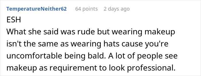 Comment discussing workplace makeup norms after guy asks coworker why she wears makeup every day, sparking online debate.