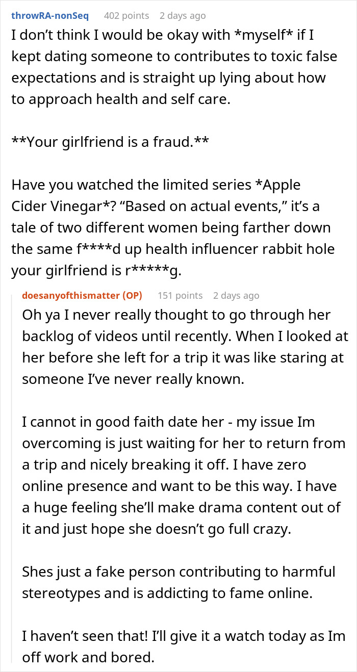 Reddit conversation discussing a gym influencer lying online and causing relationship issues with her boyfriend.