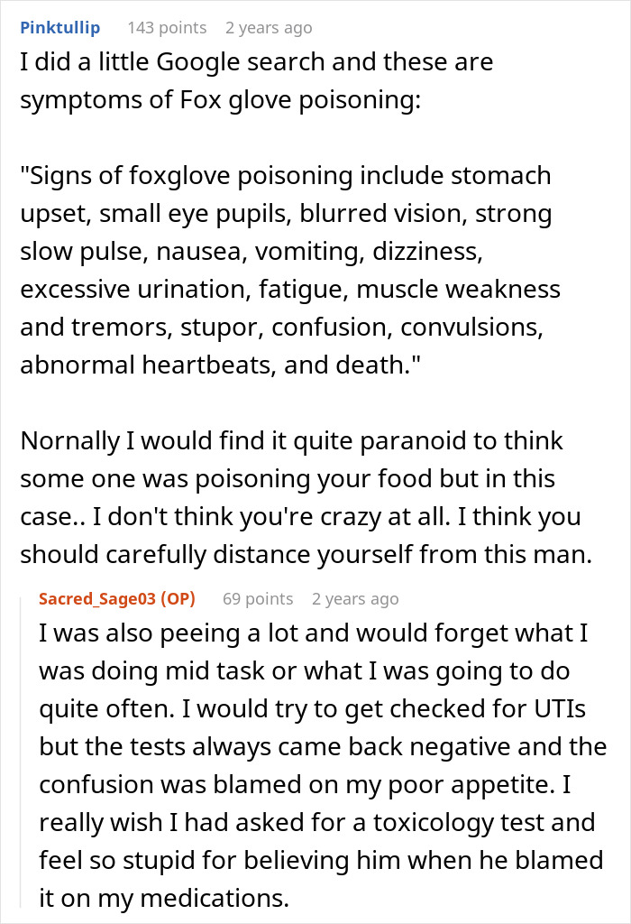 Text conversation about symptoms and signs of poisonings, highlighting woman&rsquo;s realization of possible poisoning by ex-partner.