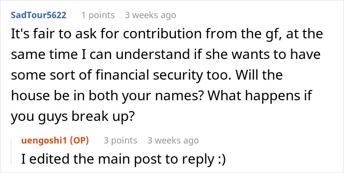 Screenshot of an online forum discussing a woman refusing to contribute to bills after her boyfriend spends 600K on a house.