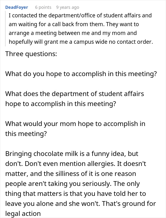 User discussing arranging a no contact order with student affairs due to parents lying about food allergies.