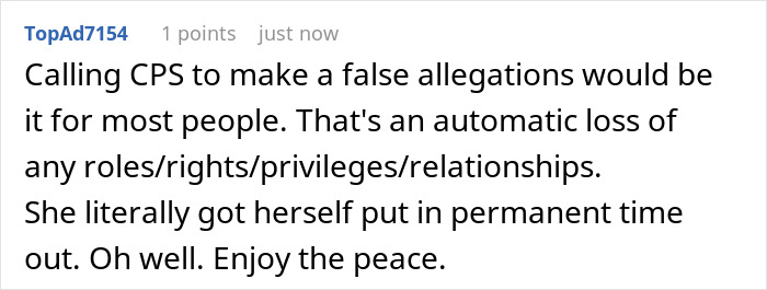 Screenshot of an online comment about a couple banning toxic in-laws from visiting their newborn and CPS involvement.