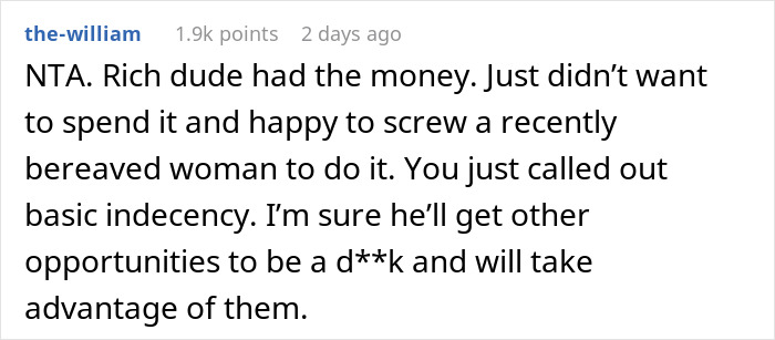 Comment discussing a rich guy trying to rip off a widow by buying late hubby&rsquo;s golf clubs at a low price.