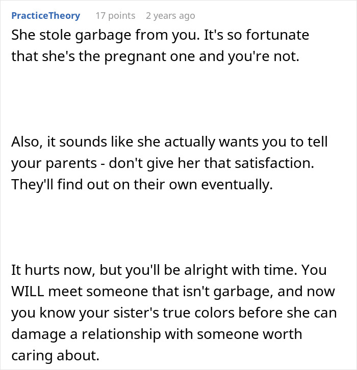 Reddit comment discussing a woman’s life turned upside down by a petty sister ruining her relationships. Reddit comment discussing a woman’s life turned upside down by a petty sister ruining her relationships.