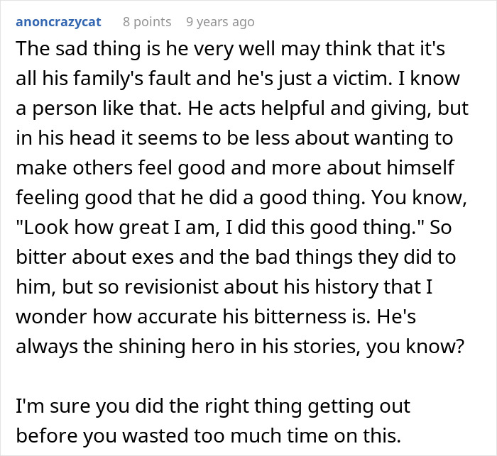 Text from a user describing feelings about a man acting helpful but being bitter toward family, reflecting on relationships and personal growth.