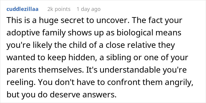 Comment explaining the emotional impact and need to confront parents after a DNA test reveals hidden biological family secrets. Comment explaining the emotional impact and need to confront parents after a DNA test reveals hidden biological family secrets.