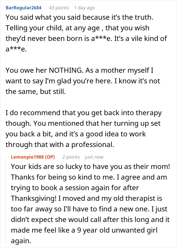 Alt text: Online discussion about a mom telling daughter she wishes she was never born and the refusal to reconcile 12 years later.